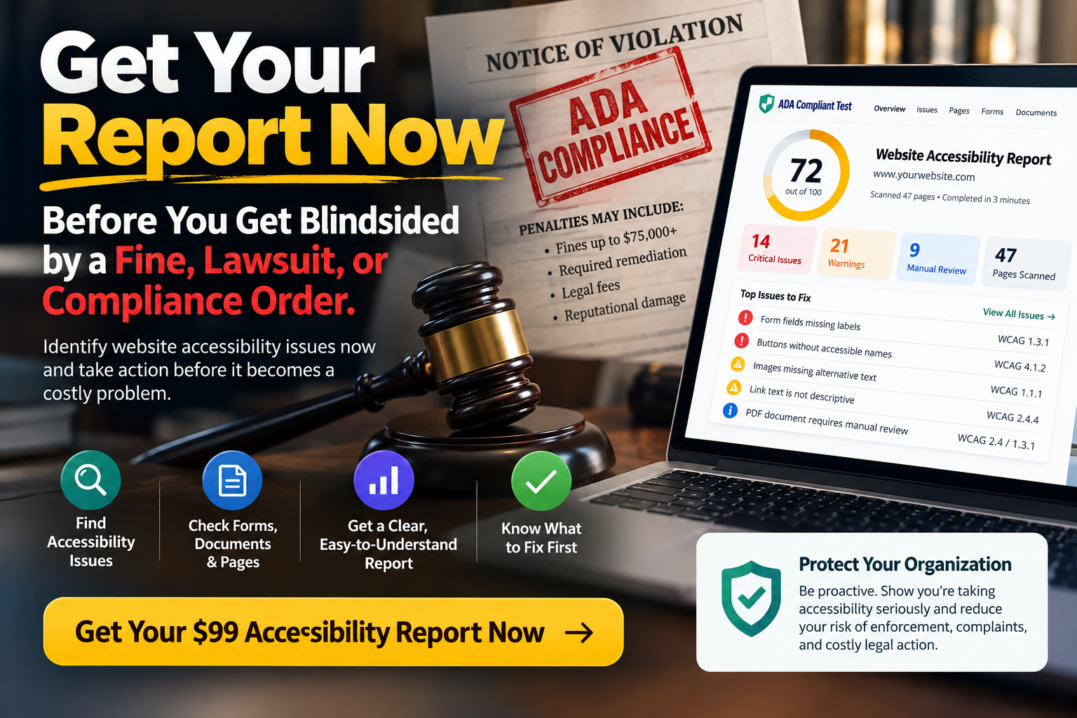 Get your accessibility report now graphic with a sample website accessibility report and compliance-risk imagery